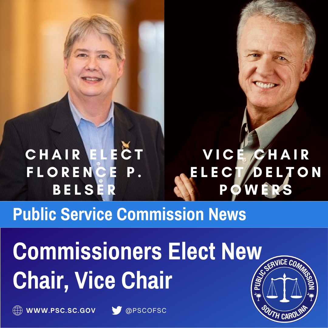 Commissioners Belser and Powers on a blue background reading "Commissioners Elect New Chair, Vice Chair"